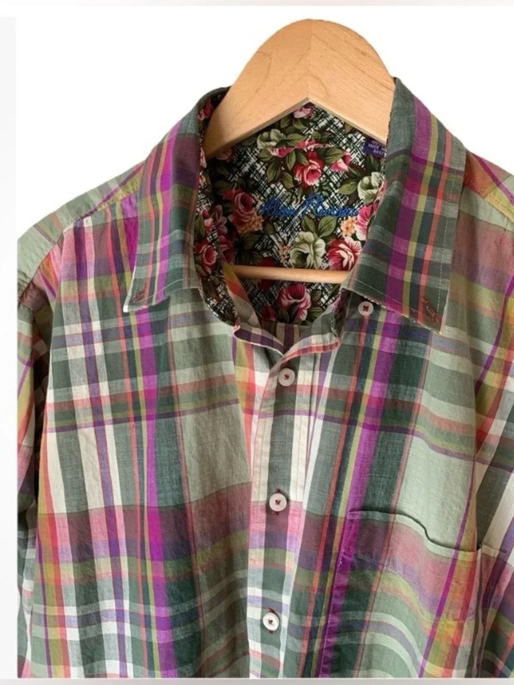 Alan Flusser Mens Long Sleeve Plaid Shirt Size L Green Button Up Turn Cuff